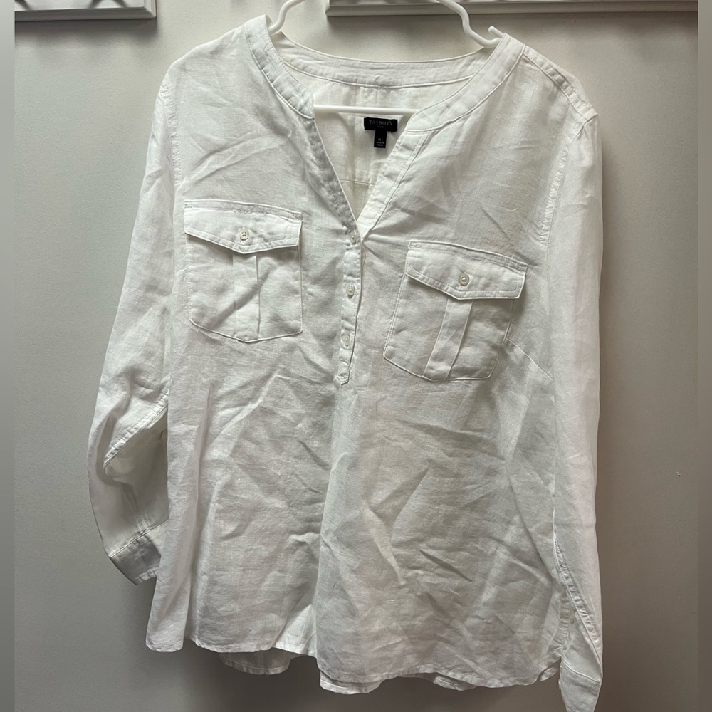 Talbots White 100% Linen Long Sleeve Utility Blouse Size XL Petite